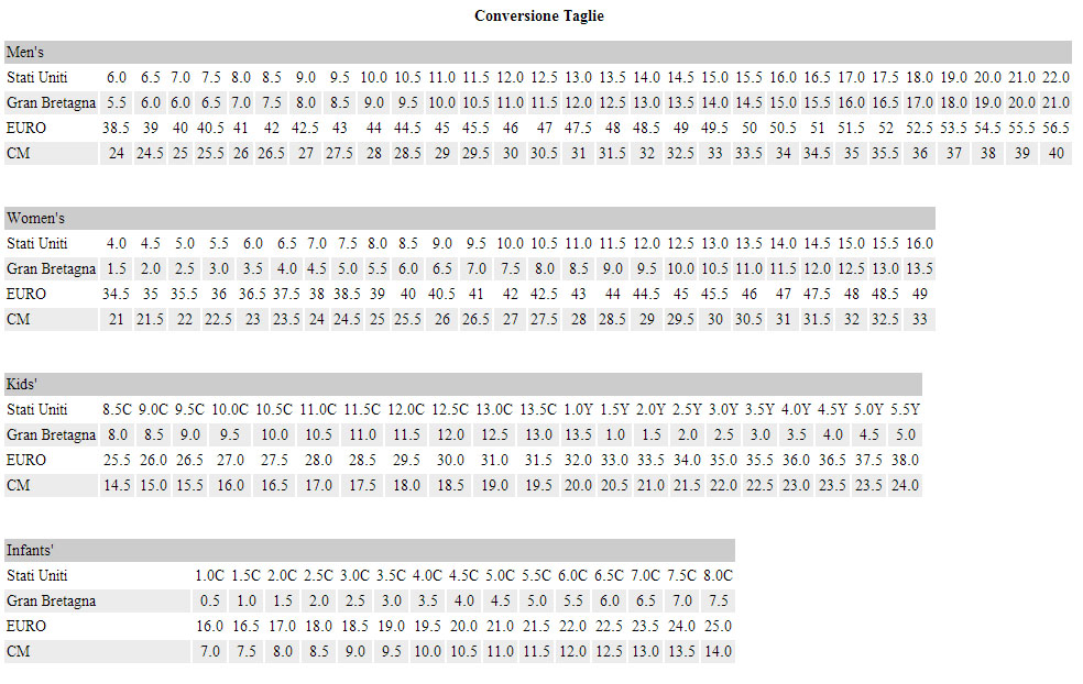 tabella taglie scarpe vans bambino